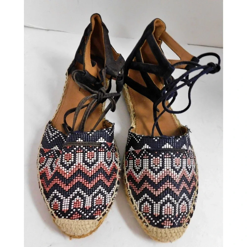AQUAZZURA Belgravia Blue Suede Raffia Embroidered Woven Espadrilles sz 37